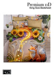 King size bedsheet with fox and sunflower design on a bed