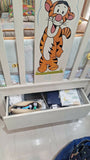 Wooden baby crib with storage, mattress, and bumper featuring sturdy wooden construction, spacious sleeping area, built-in storage, protective bumpers, and comfortable support for babies.