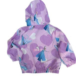 Cute purple Queen Elsa hooded jacket with hearts and Frozen prints for a magical, cozy look.