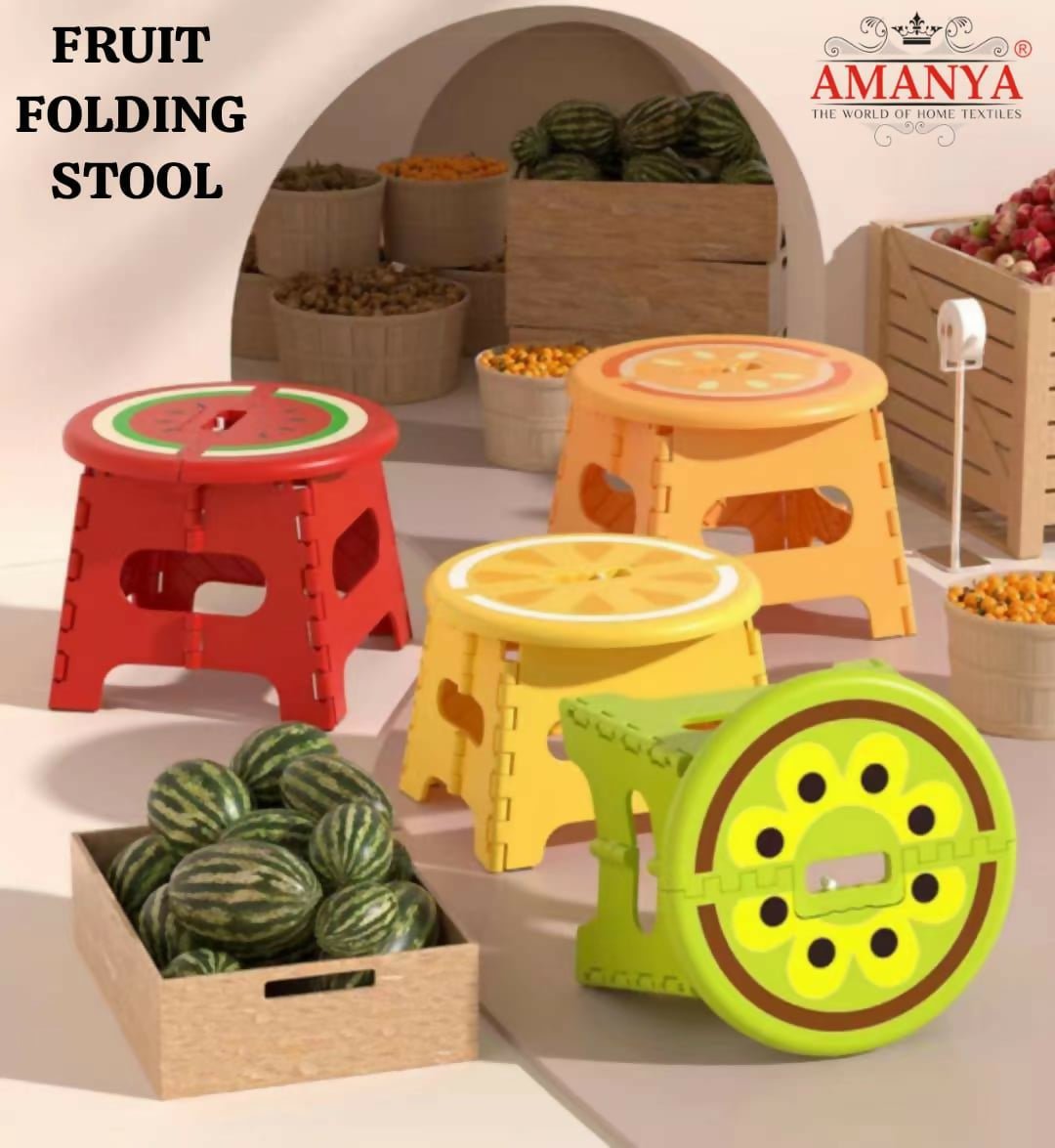 Fruit-themed folding stools.