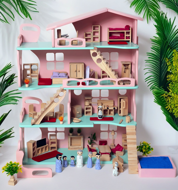 The Grand Wooden Princess Doll House featuring a large multi-level design, detailed rooms, elegant princess-inspired styling, and sturdy wooden construction for creative storytelling, role play, and imaginative play.