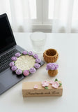 Crochet rose flower coaster with tiny basket