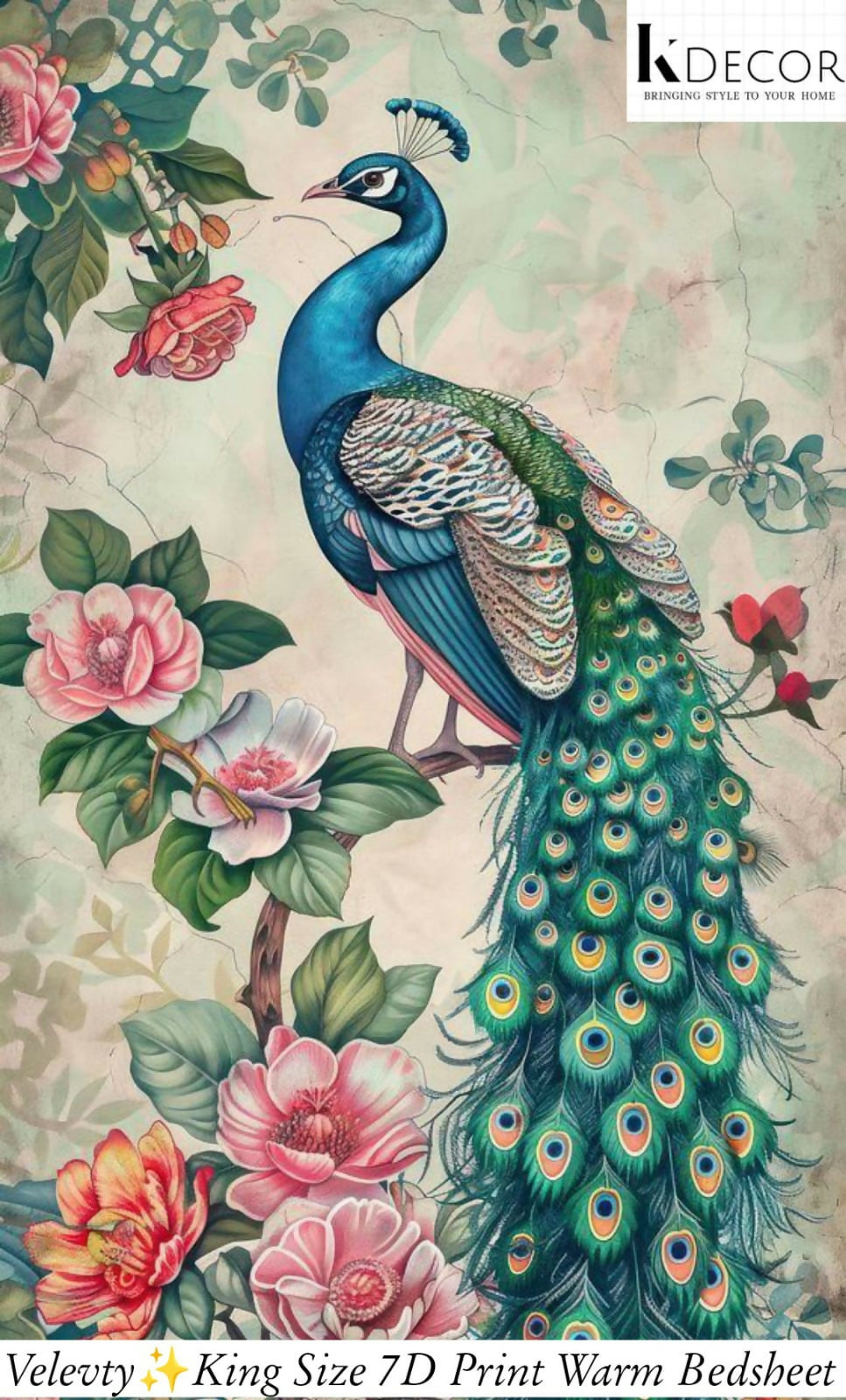Decorative peacock and floral design bedsheet.