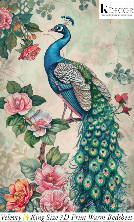 Decorative peacock and floral design bedsheet.