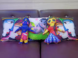 Colorful plush toys and pillows with cartoon characters