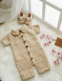 Handmade crochet baby romper with buttons and matching shoes