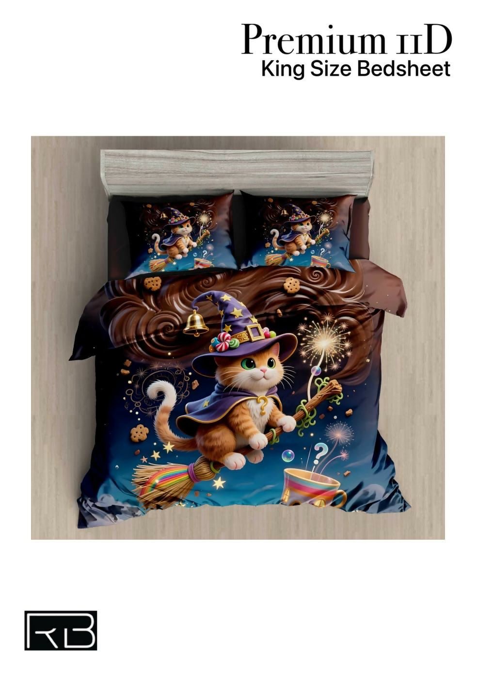 Bedsheet set with a cat in a witch hat design