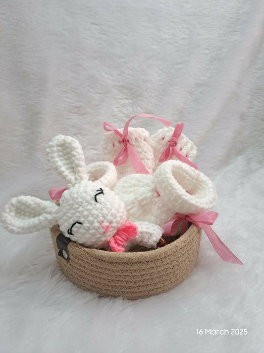 Booties, Rattle, Mittens & Basket Set – A Perfect Gift for Your Little One!