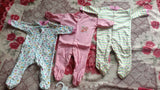 Set of 3 baby rompers in pink, floral print and pastel stripes, soft fabric, almost new condition