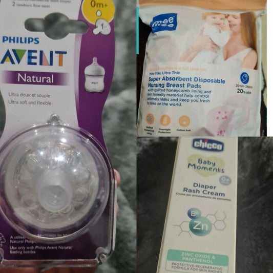 PHILIPS Avent Newborn Flow Teats - Natural New Born, 1N Pack + MEE MEE Breast pads (pack of 24) + CHICCO Diaper rash cream - PyaraBaby