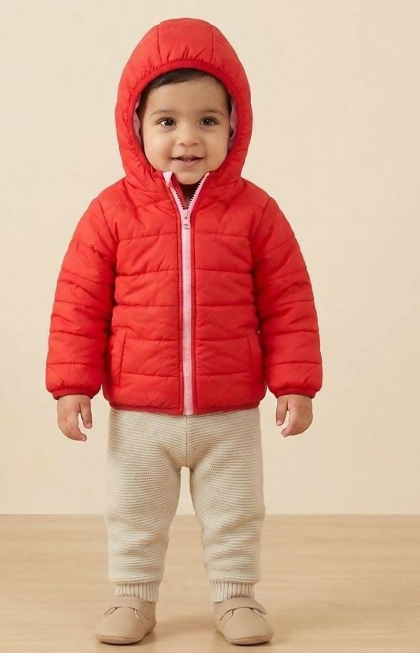 Vibrant red puffer jacket with hood for kids, featuring warm padded insulation, lightweight construction, front zip closure, and a cozy design for comfortable winter wear.