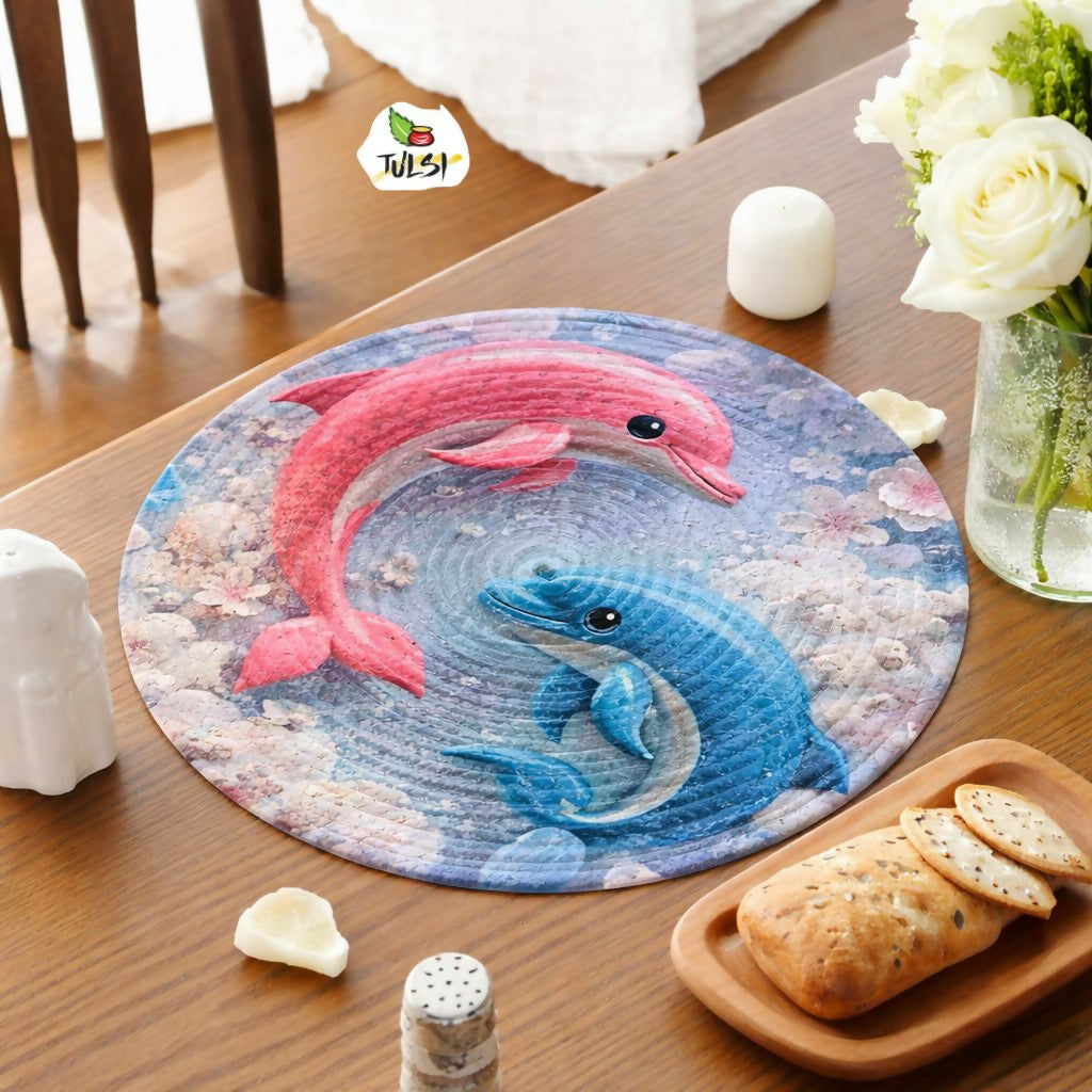 Round placemat with dolphins