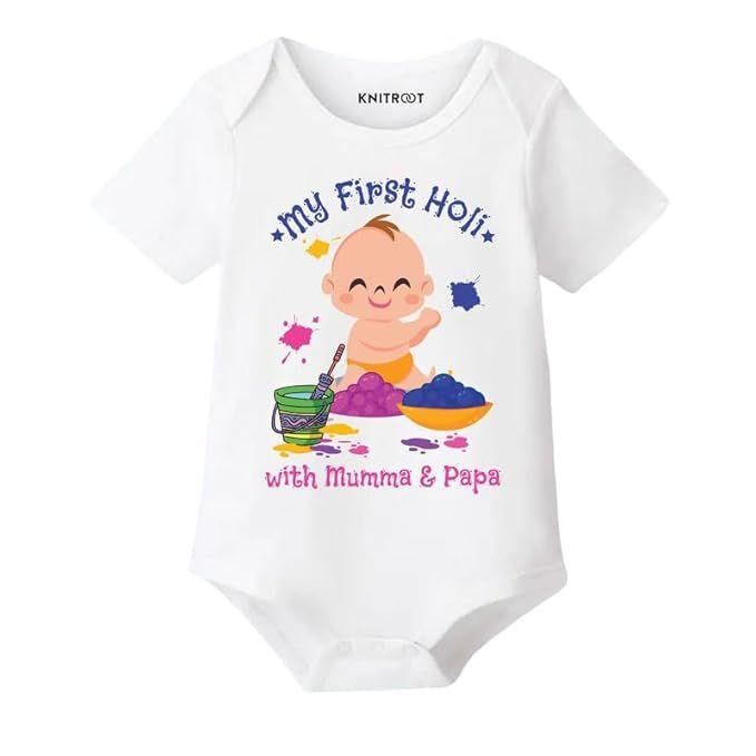 White baby onesie with colorful graphics and text