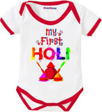Baby onesie with 'My First Holi' text and colorful design