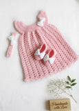 Crochet baby girl frock, headband and shoes set