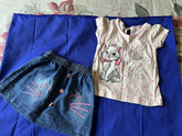 Children's denim shorts and white shirt with cartoon design