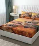 Bedding set with cartoon characters on a bed