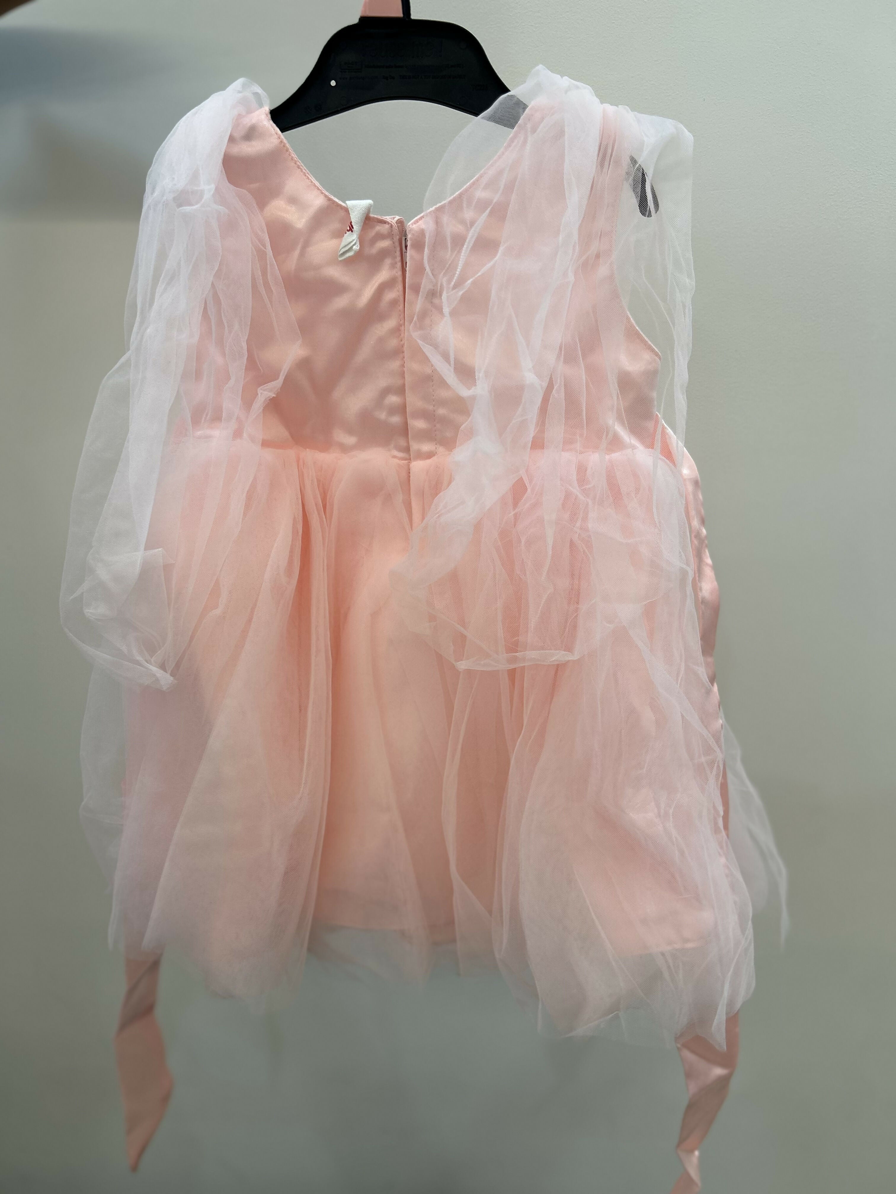 Pink dress with sheer overlay on a hanger against a plain background