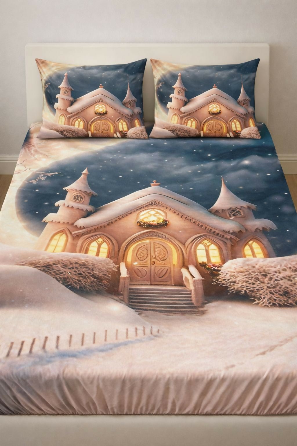 Bedding set with a snowy village design