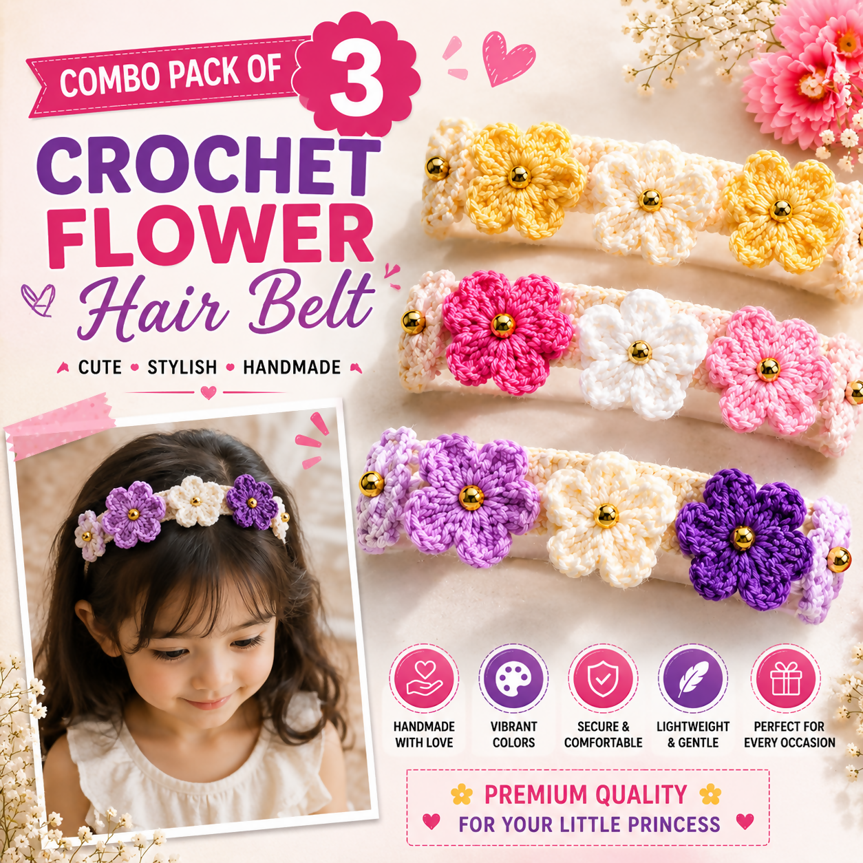 Designer Handmade Crochet Flower Hair Belt Combo | Set of 3 Colorful Hairbands