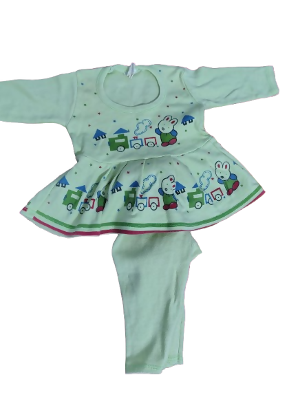 Children's outfit with a green top and pants featuring train designs on a white background