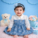 TINY TIGGY Premium Cotton Baby Girl Denim Frock with attached White Shirt