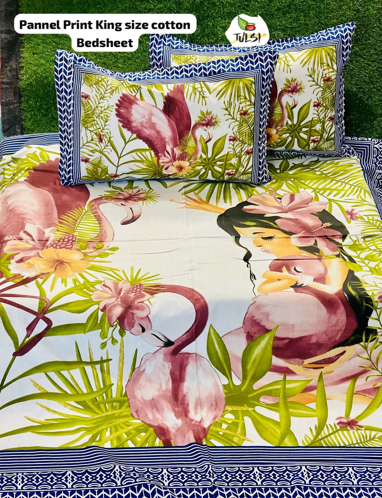 Flamingo and floral patterned bedsheet set with pillows