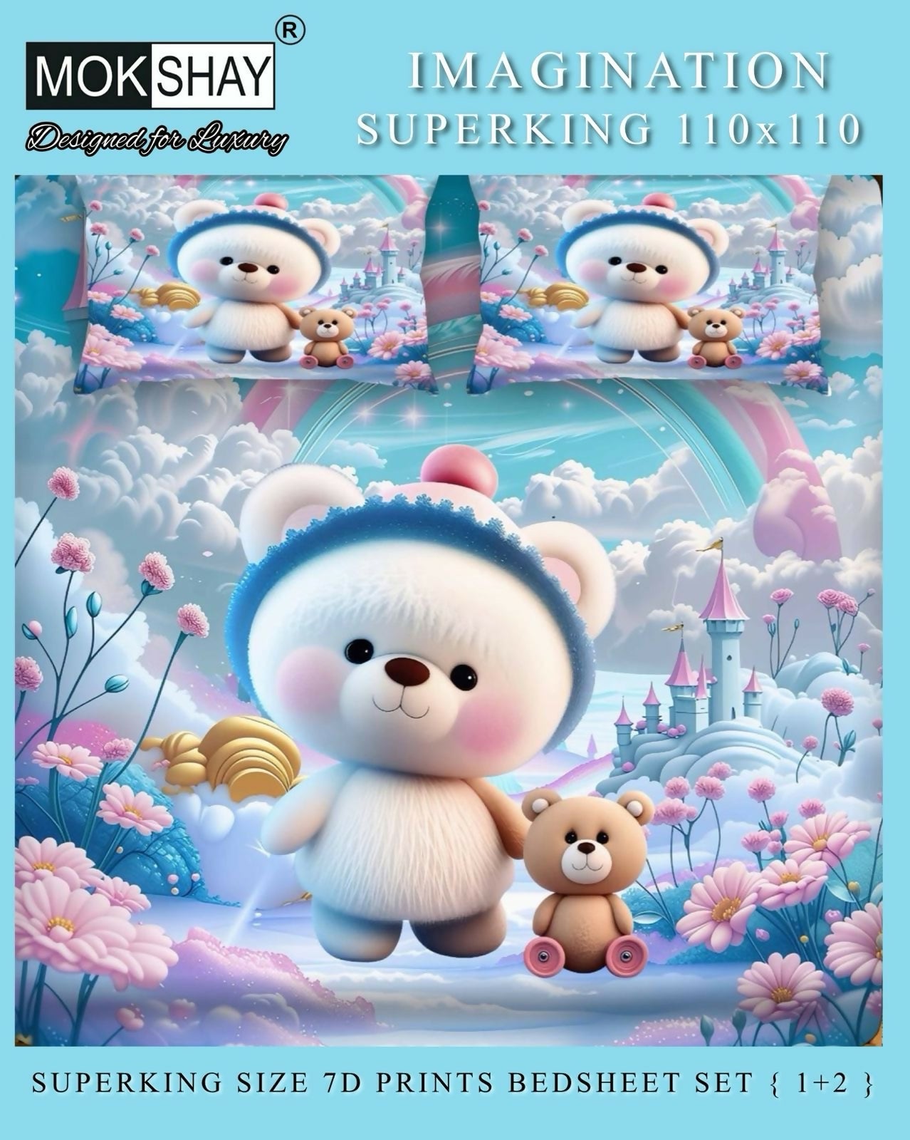 Teddy bear and teddy bear with a castle in the background, featuring MOKSHAY branding.