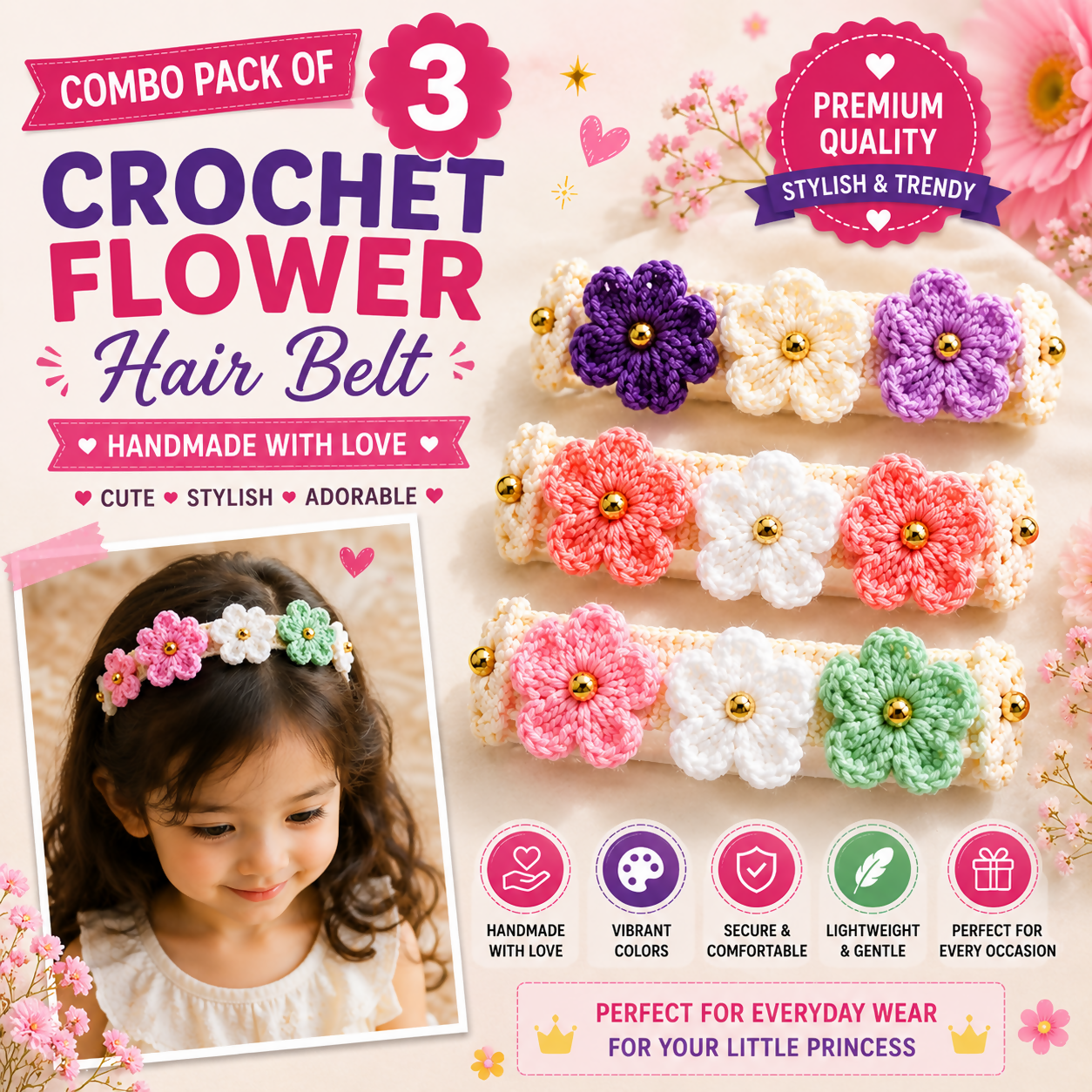 Designer Handmade Crochet Flower Hair Belt Combo | Set of 3 Colorful Hairbands