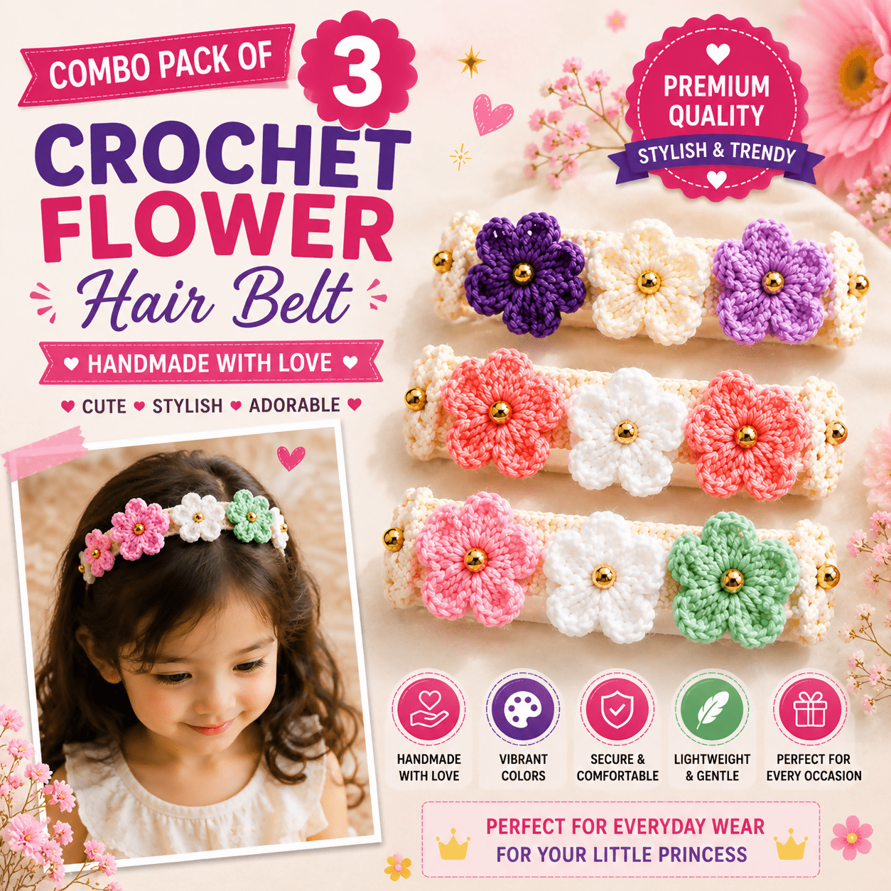 Designer Handmade Crochet Flower Hair Belt Combo | Set of 3 Colorful Hairbands