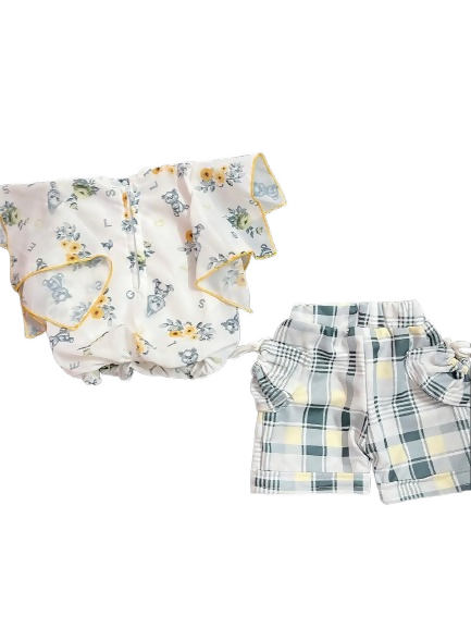 Baby 2-Piece Outfit Set, Floral Print Romper with Yellow Trim and Plaid Shorts, White and Grey