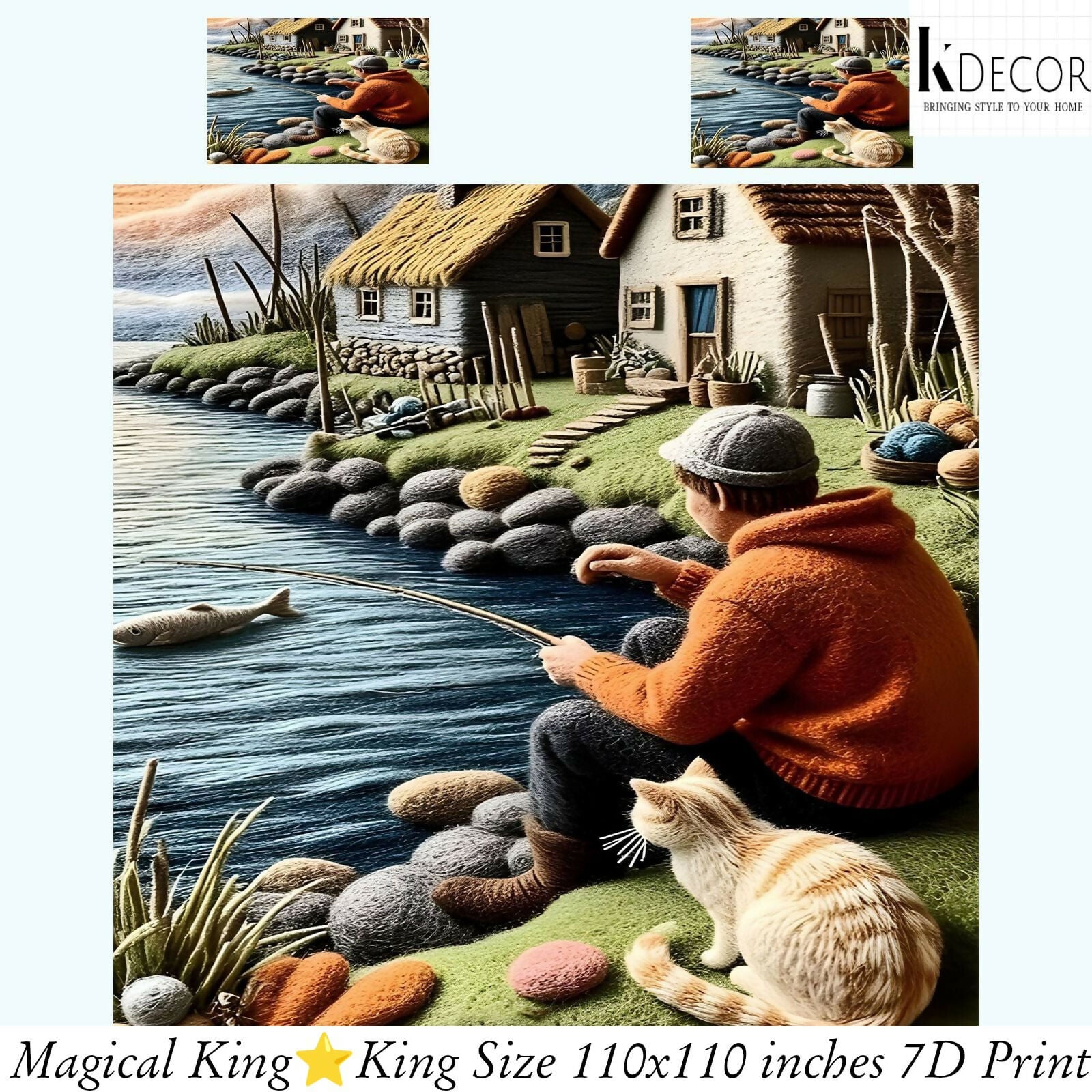 Fishing scene with a person and cat by a lake, featuring K-Decor branding.
