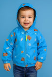 Child wearing a blue jacket with bear prints