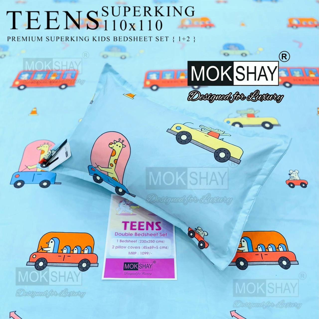Mokshay Teens double bedsheet set with cartoon designs on a blue background