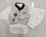 Cotton Black and White Kurta Pajama with Nehru Jacket for Boys