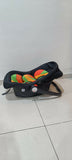 Black car seat with colorful design