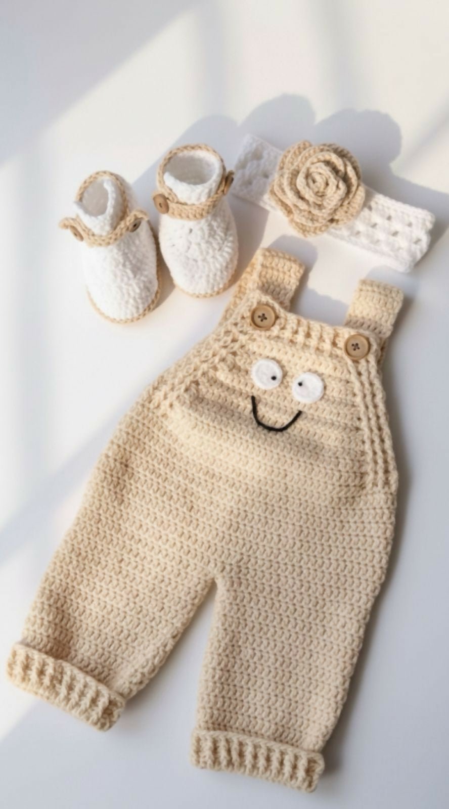 Knitted baby outfit with overalls, shoes, and headband
