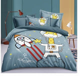 Children's bedding set with space-themed design featuring a giraffe in an astronaut suit