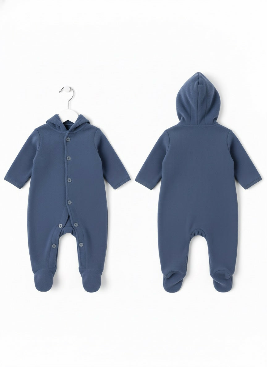 Blue baby onesie with hood shown from front and back