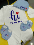 Personalised Romper with Mittens & Cap Set