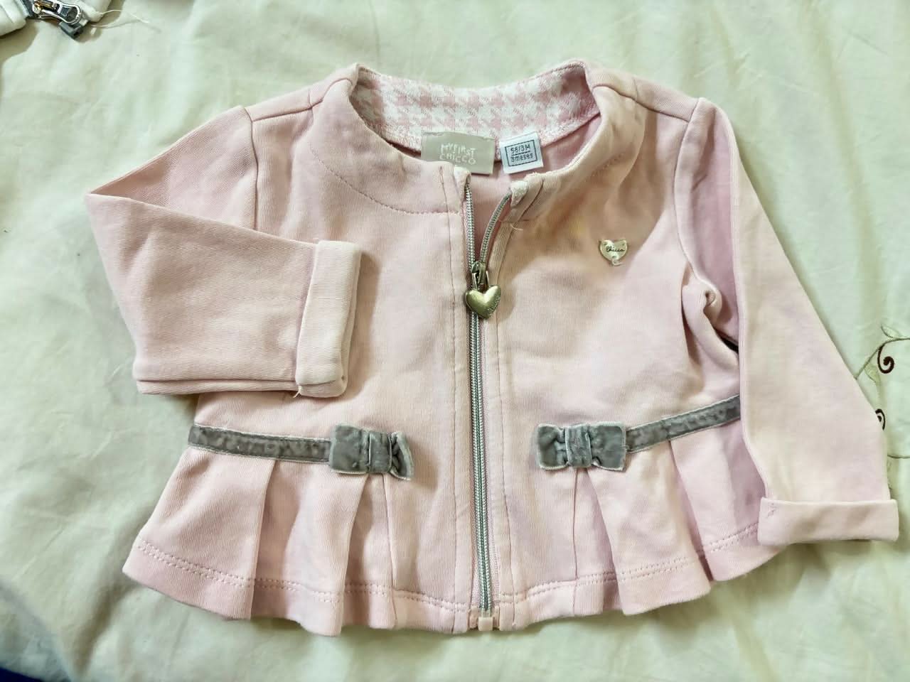 CHICCO Pink Jacket with Velvet Bow Pattern – Cozy, Stylish & Adorable Winter Wear for Babies