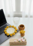 Crochet rose flower coaster with tiny basket