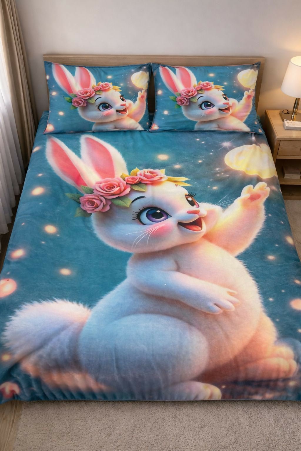 Bedding set with cartoon bunny design on a bed