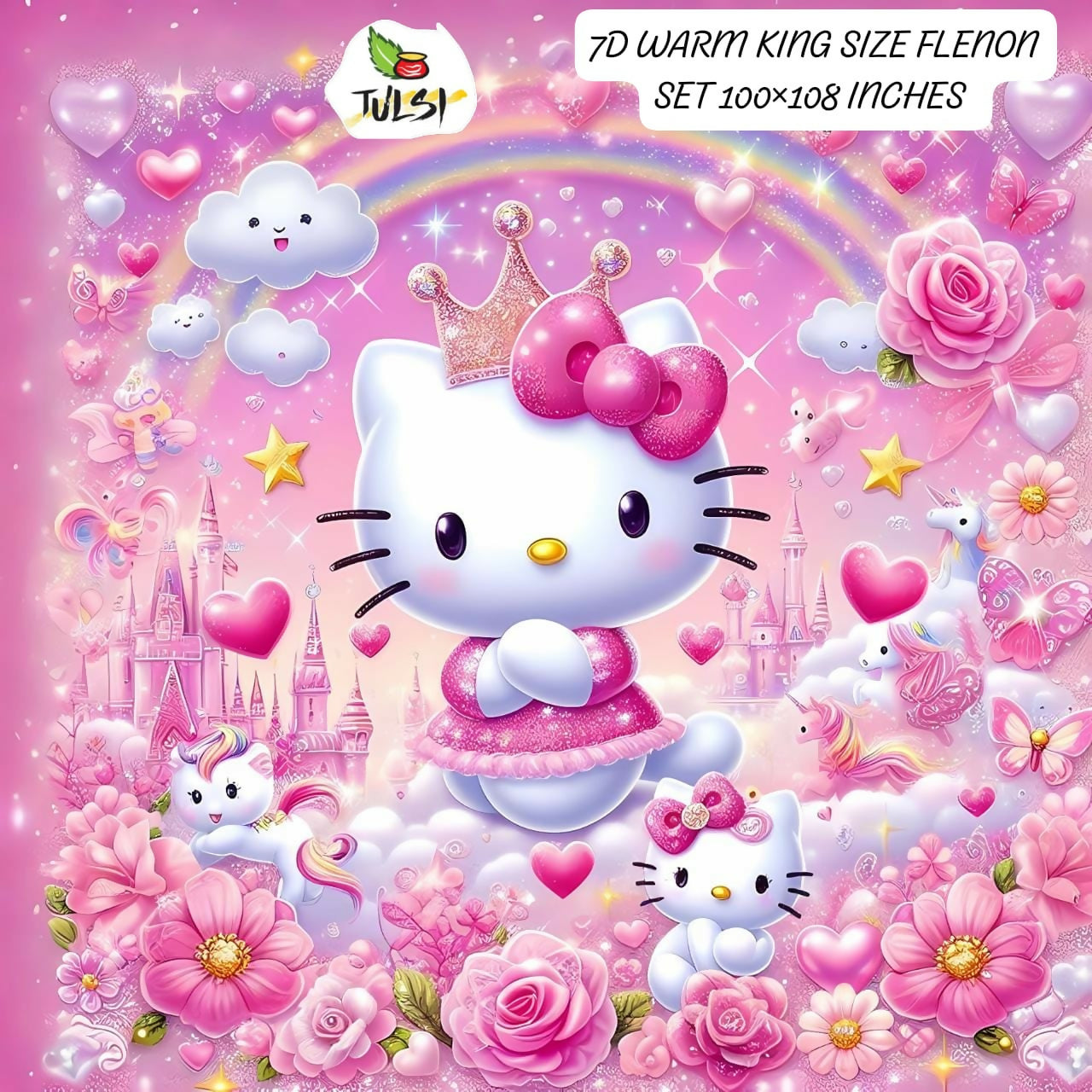 Hello Kitty in a pink-themed setting with flowers, clouds, and a castle bedsheet.