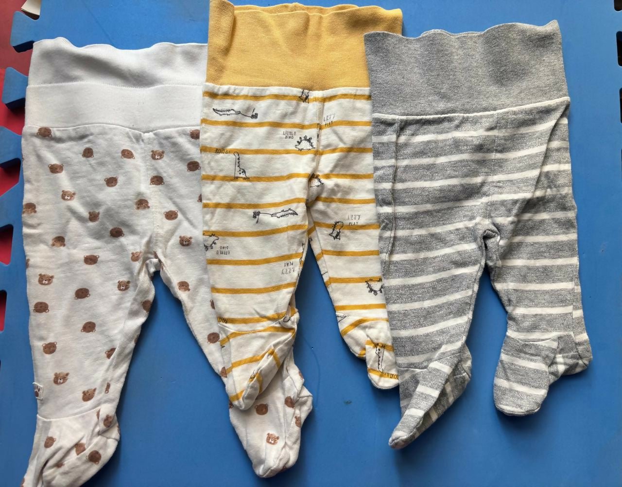 MOTHERCARE 3-pack cotton footed lowers – soft, breathable, and cozy baby essentials.
