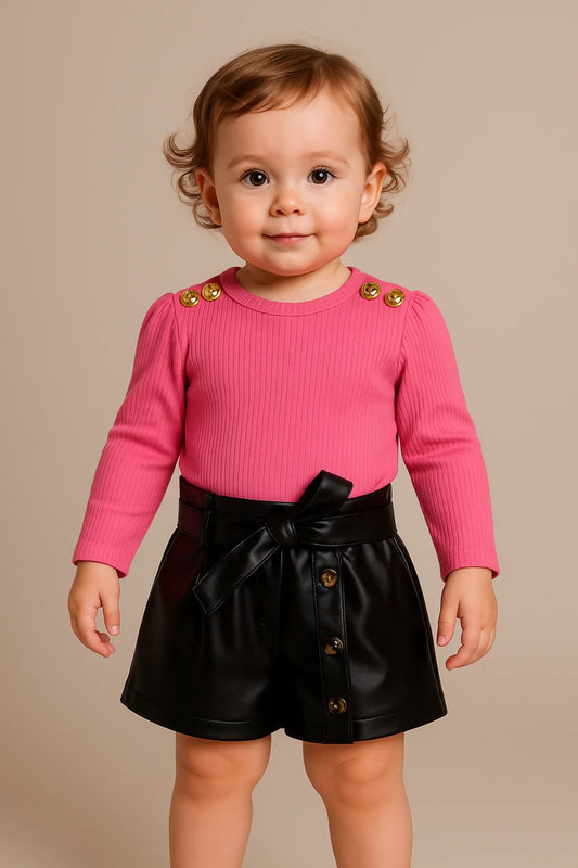 Girls’ Chic Pink Ribbed Top & Black Faux Leather Shorts Set
