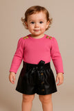 Girls’ Chic Pink Ribbed Top & Black Faux Leather Shorts Set