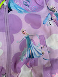 Cute purple Queen Elsa hooded jacket with hearts and Frozen prints for a magical, cozy look.