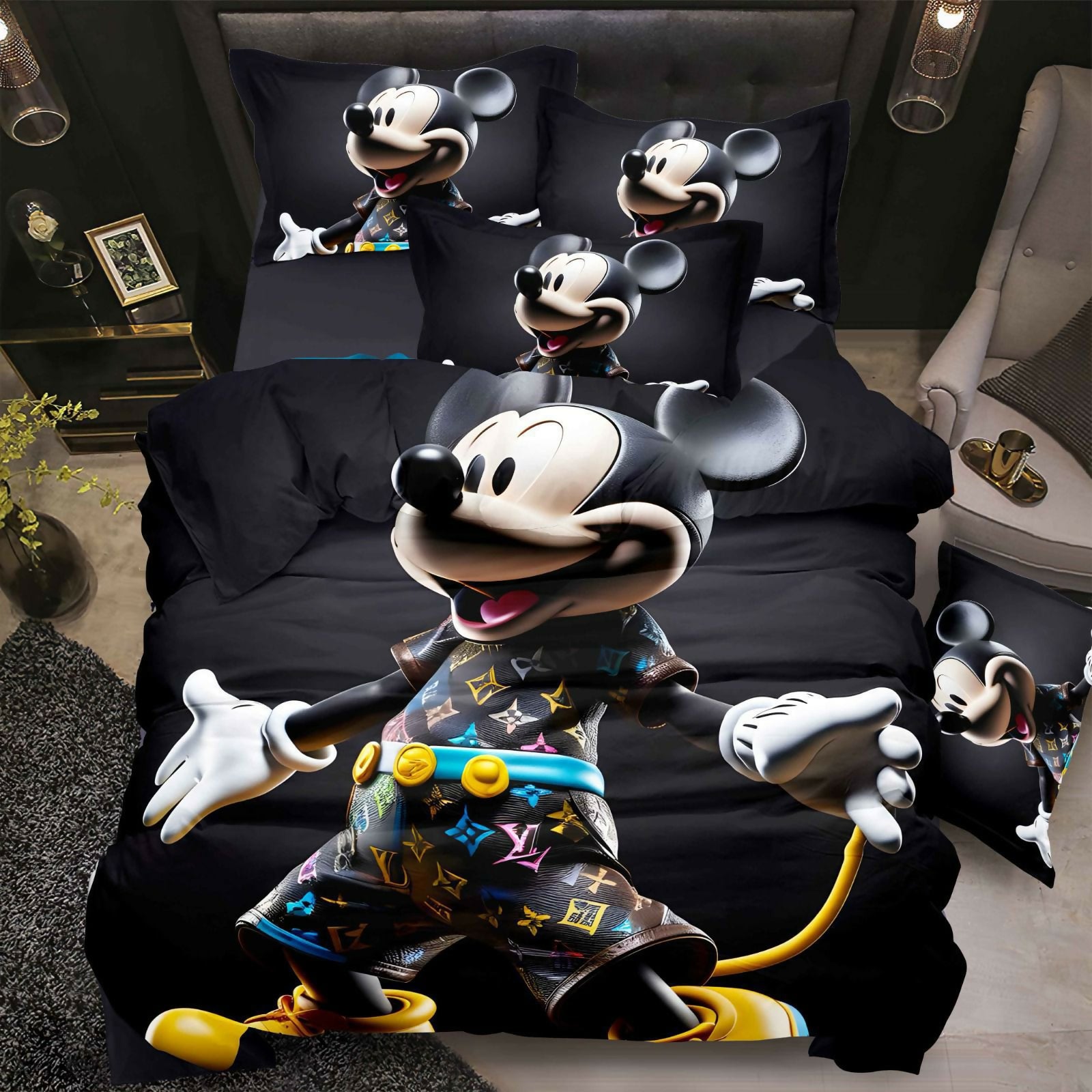 Mickey Mouse-themed bedding set on a bed with decorative pillows.