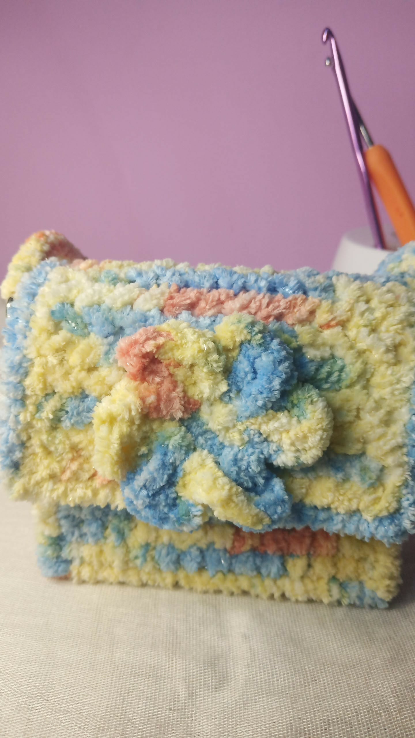 Handmade Plush Crochet Mini Shoulder Bag – Pastel Floral Design | Soft Chenille Yarn Purse